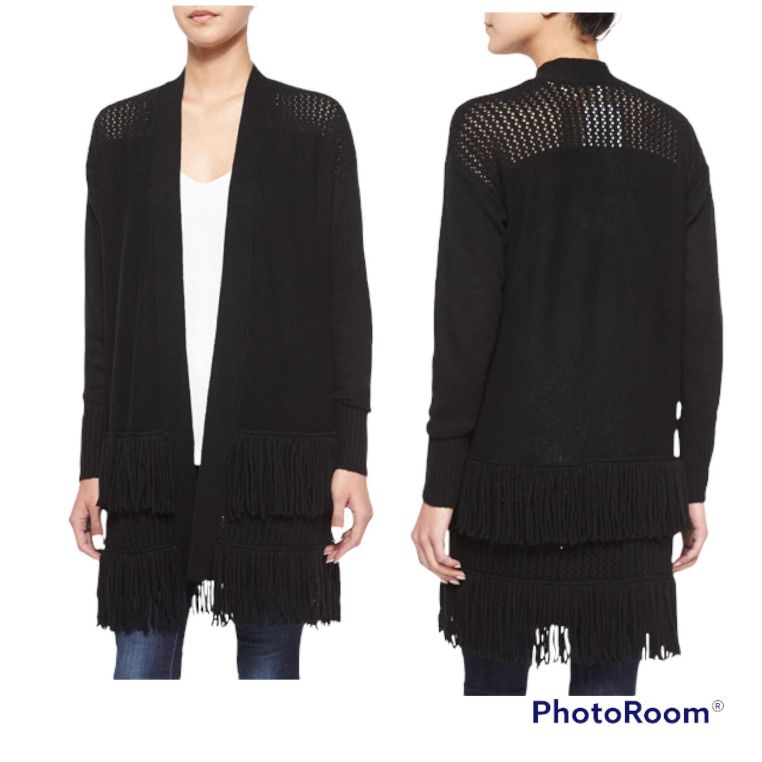 Rebecca Taylor Black Fringe Open Front Knit Cardigan