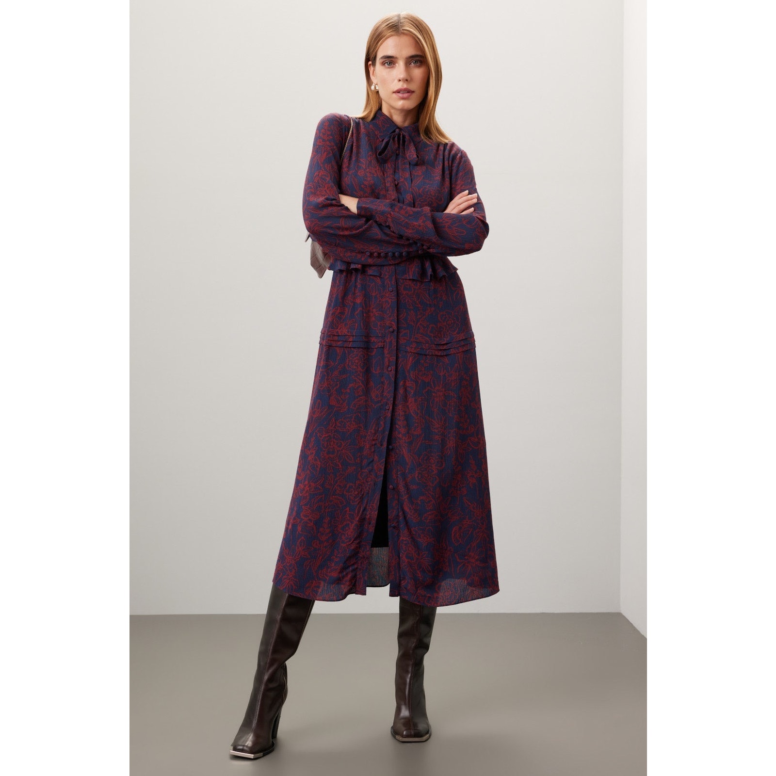 Jason Wu Navy Red Floral Print Tie Neck Long Sleeve Midi Shirt Dress Size 8