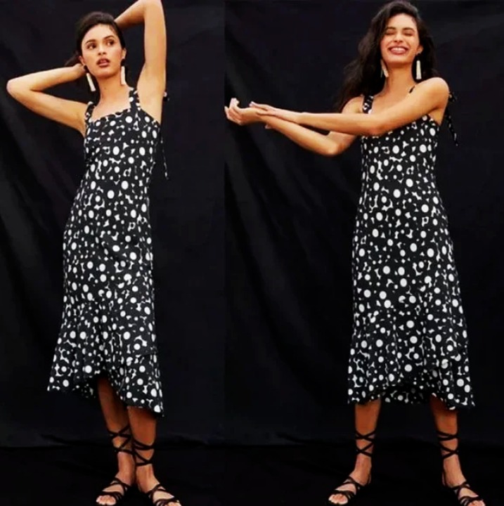 Anthropologie Hutch Flounced Shoulder-Tie Midi Dress Black White, Size M