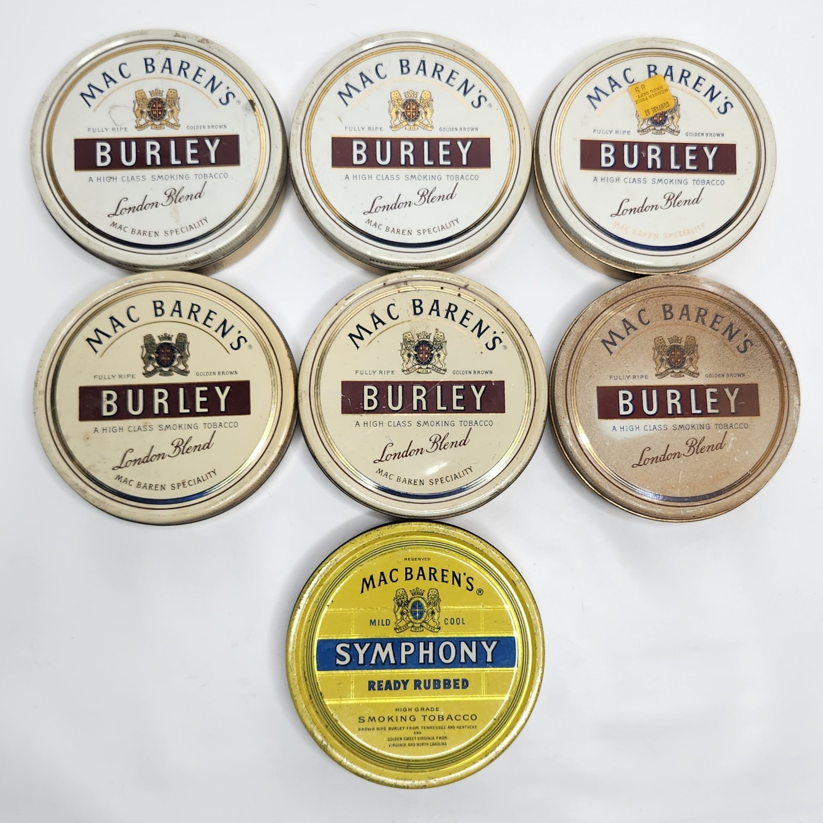 Vintage Mac Baren's Lot Of 7 EMPTY Tobacco Tins Burley Symphony Round