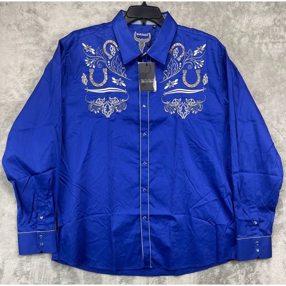 NWT Barabas Men's Western Shirt 3XL Blue Embroidered Long Sleeve Pearl Snap