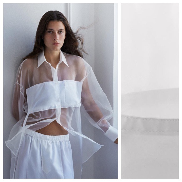 NWT. Zara White Poplin/Organza Semi-Sheer Oversize Shirt. Size L.