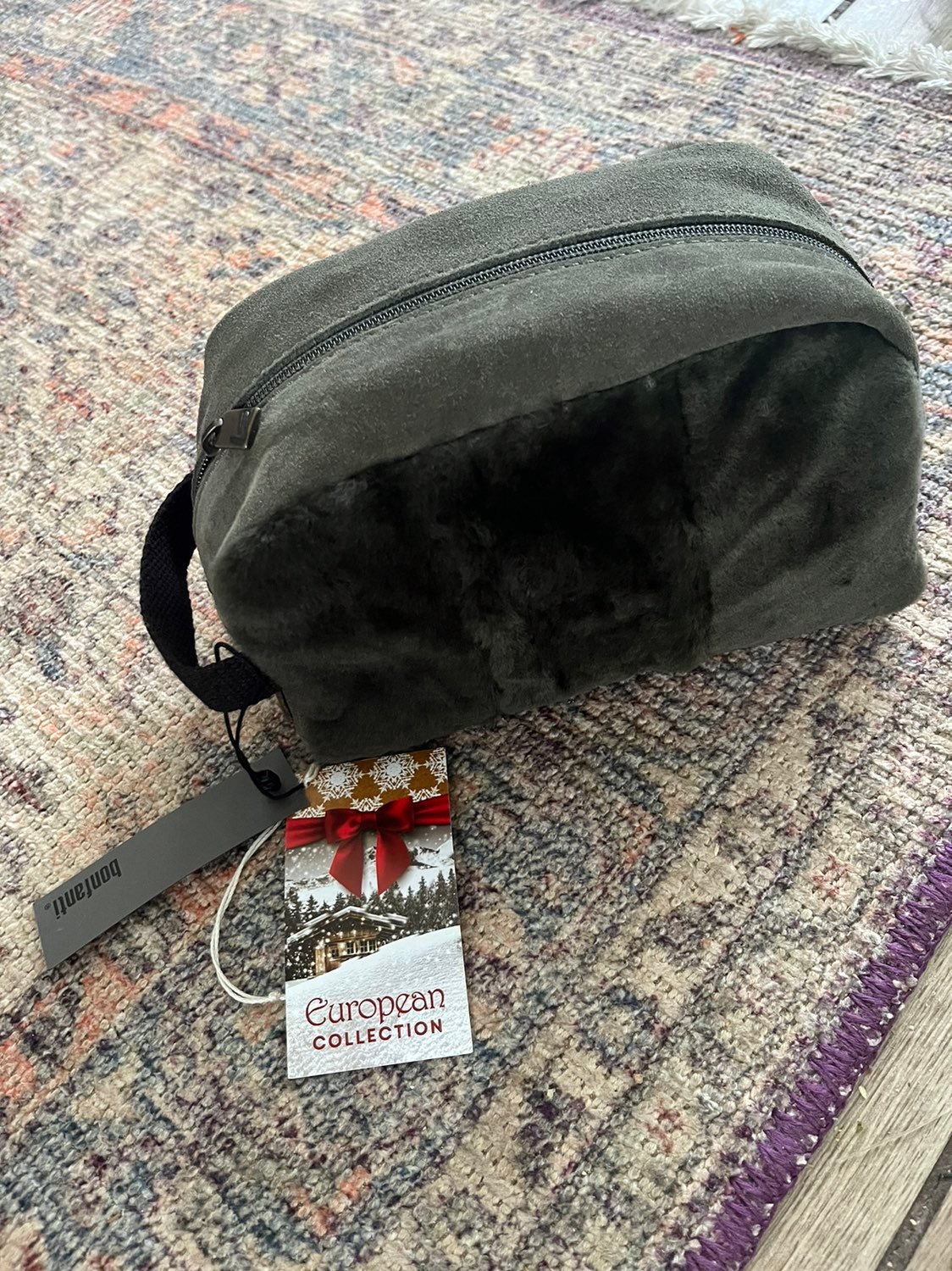 Toiletry Bag Bonfanti Borse Italian Sage Suede & Sheepskin w/Brown Leather NEW