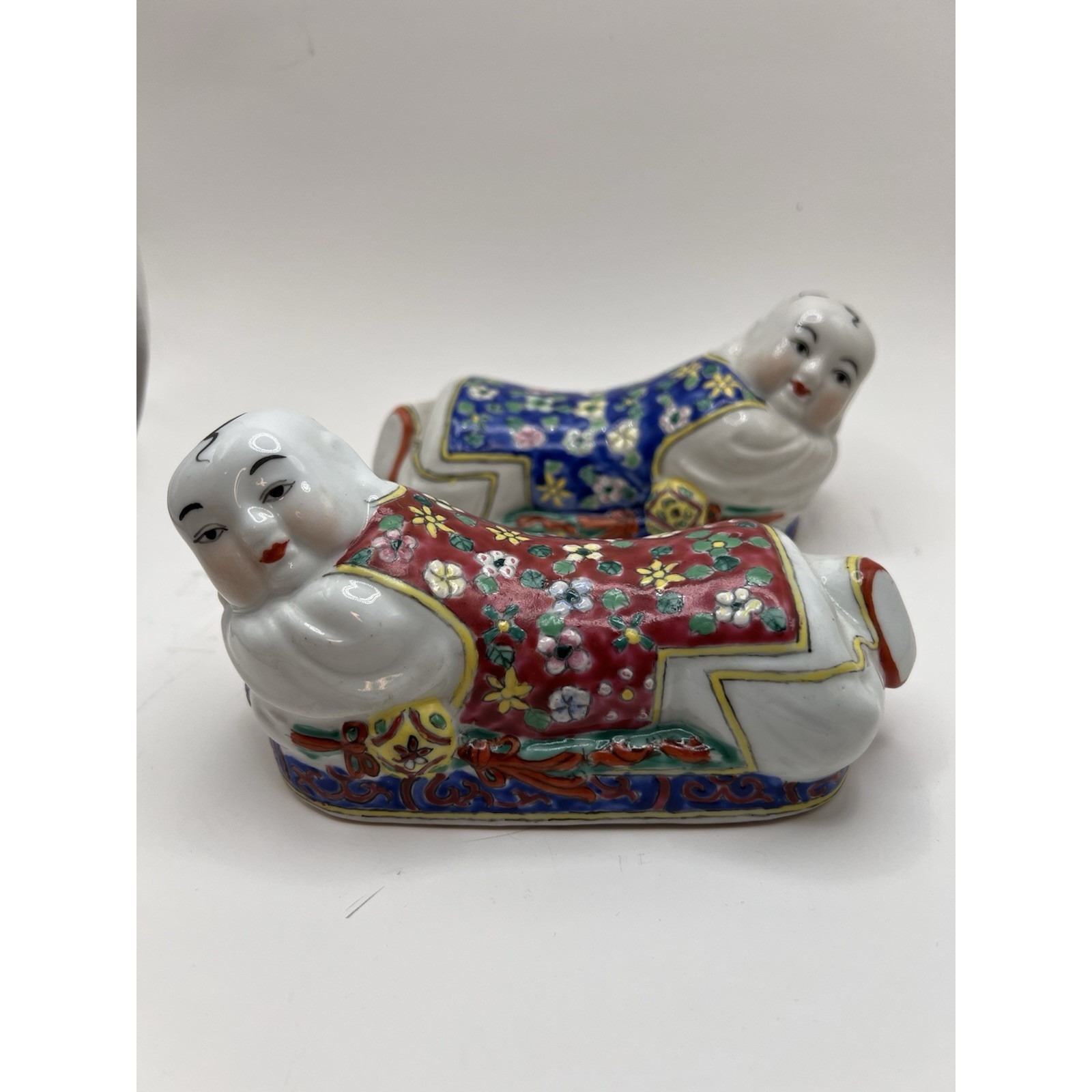 VTG Chinese Ceramic Baby Buddha Headrests Figural Set Of 2