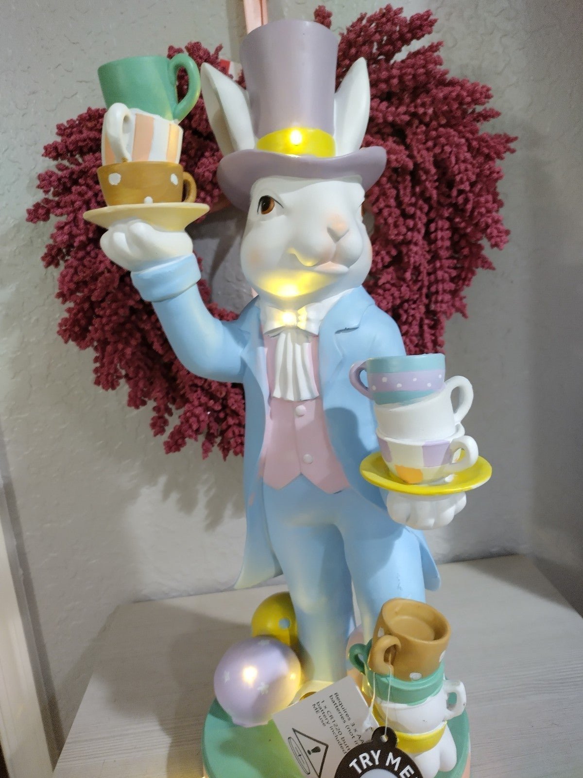18 Mad Hatter Easter Bunny Cups Saucers LIGHTS UP Pastel Decor