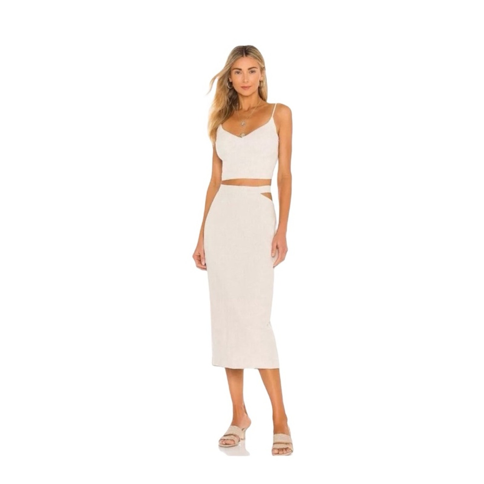 Bardot Linen Blend Midi Skirt Side Cut Out Oatmeal Cream Straight Size Large