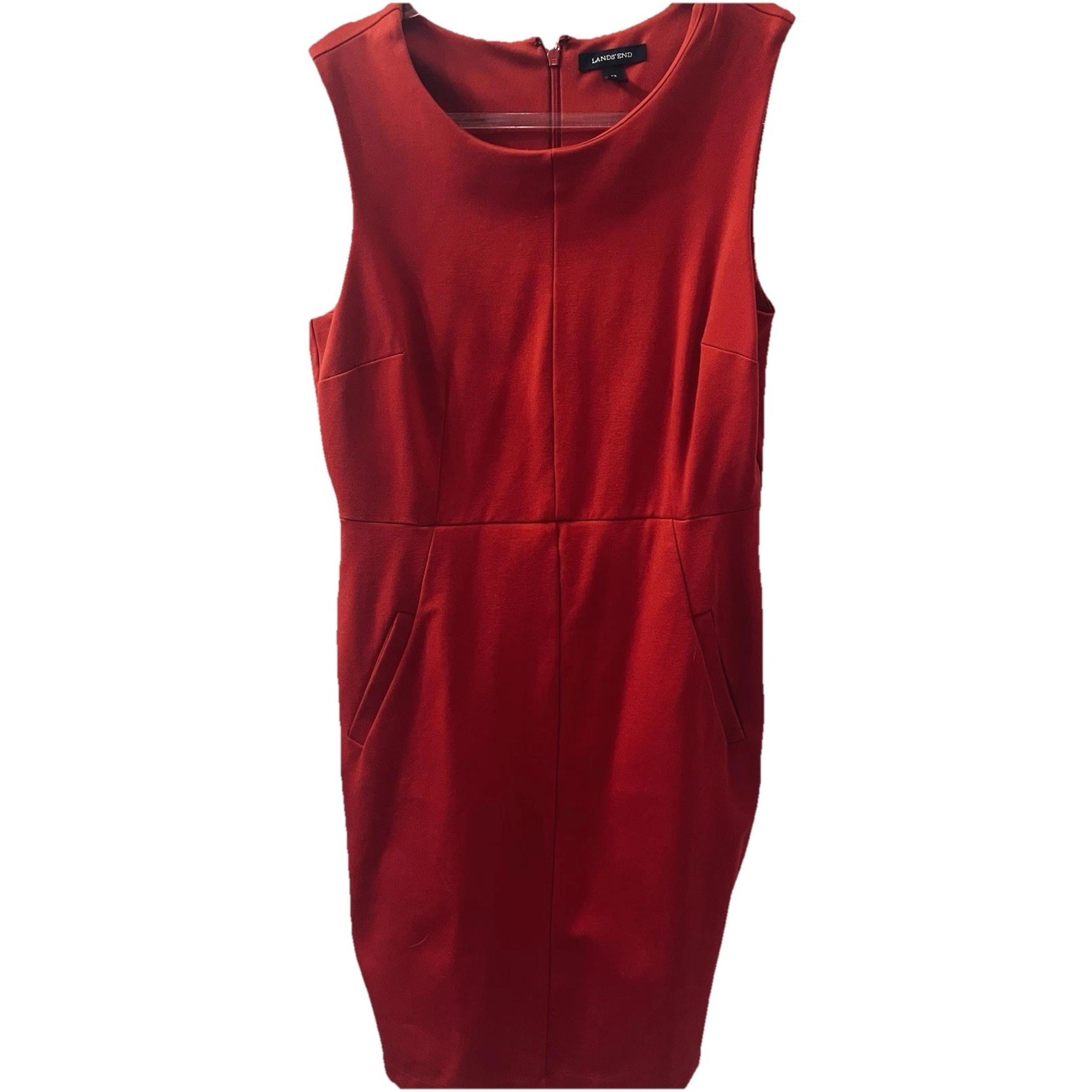 Lands End Red Sheathe Classic  Dress Knit Pockets Sz 12 Work To Cocktails