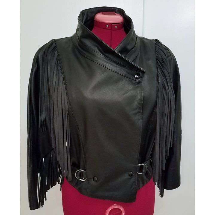 Vintage Pelle Bella Prego Womens Jacket Leather Biker Fringe Black Size L