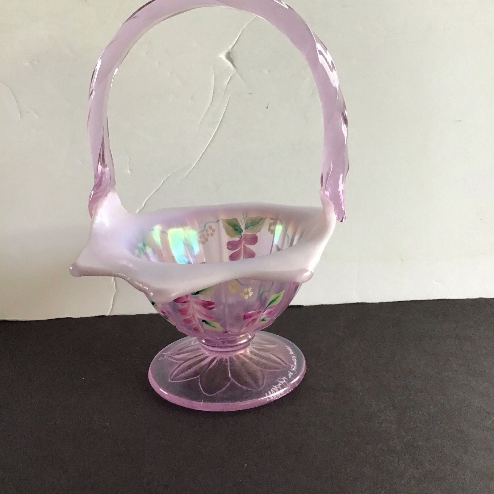 Vintage Fenton Opalescent glass wedding basket Handpainted signed floral vase