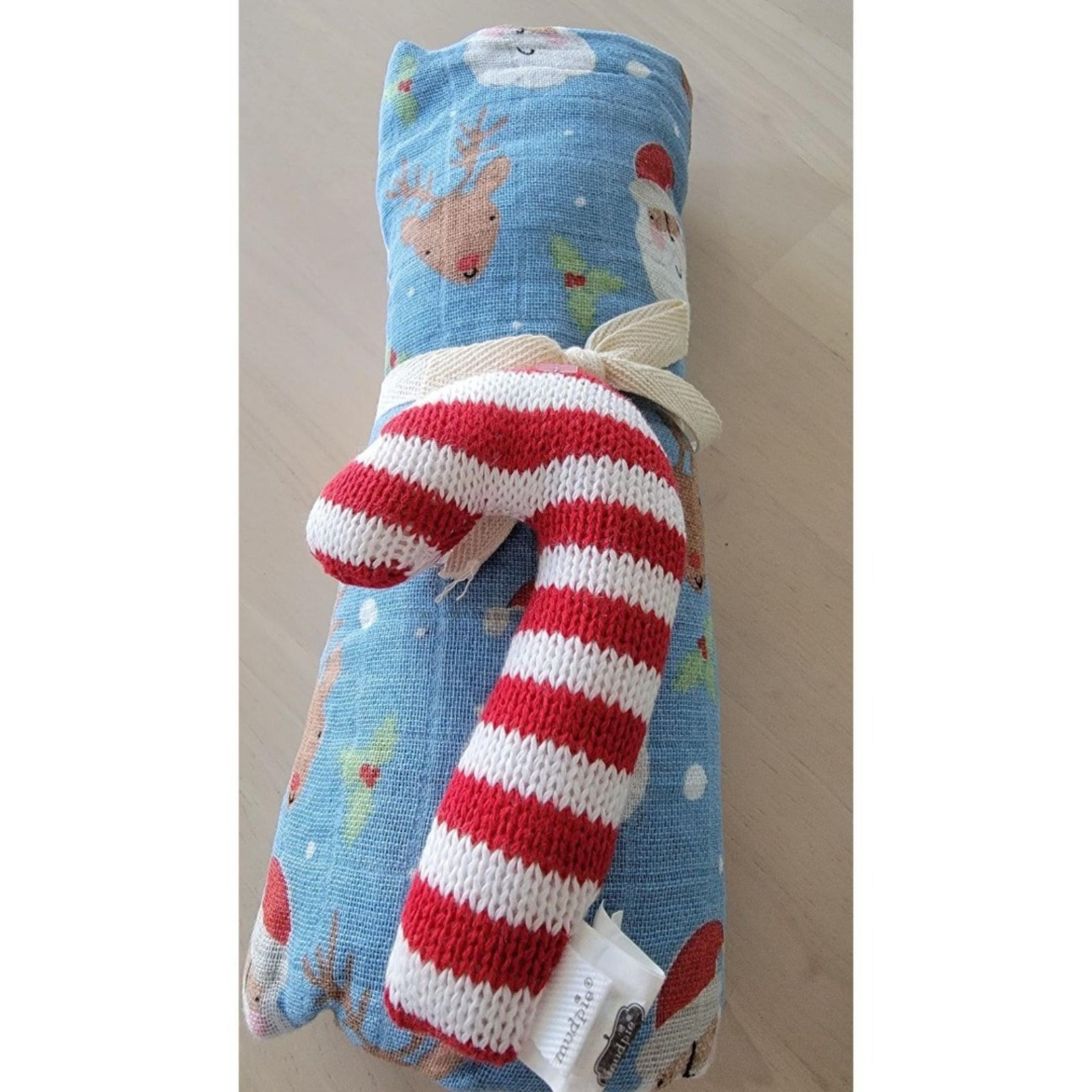 Mud Pie Muslin Santa Blanket w Candy Cane Rattle 47" x 47" New w Tag