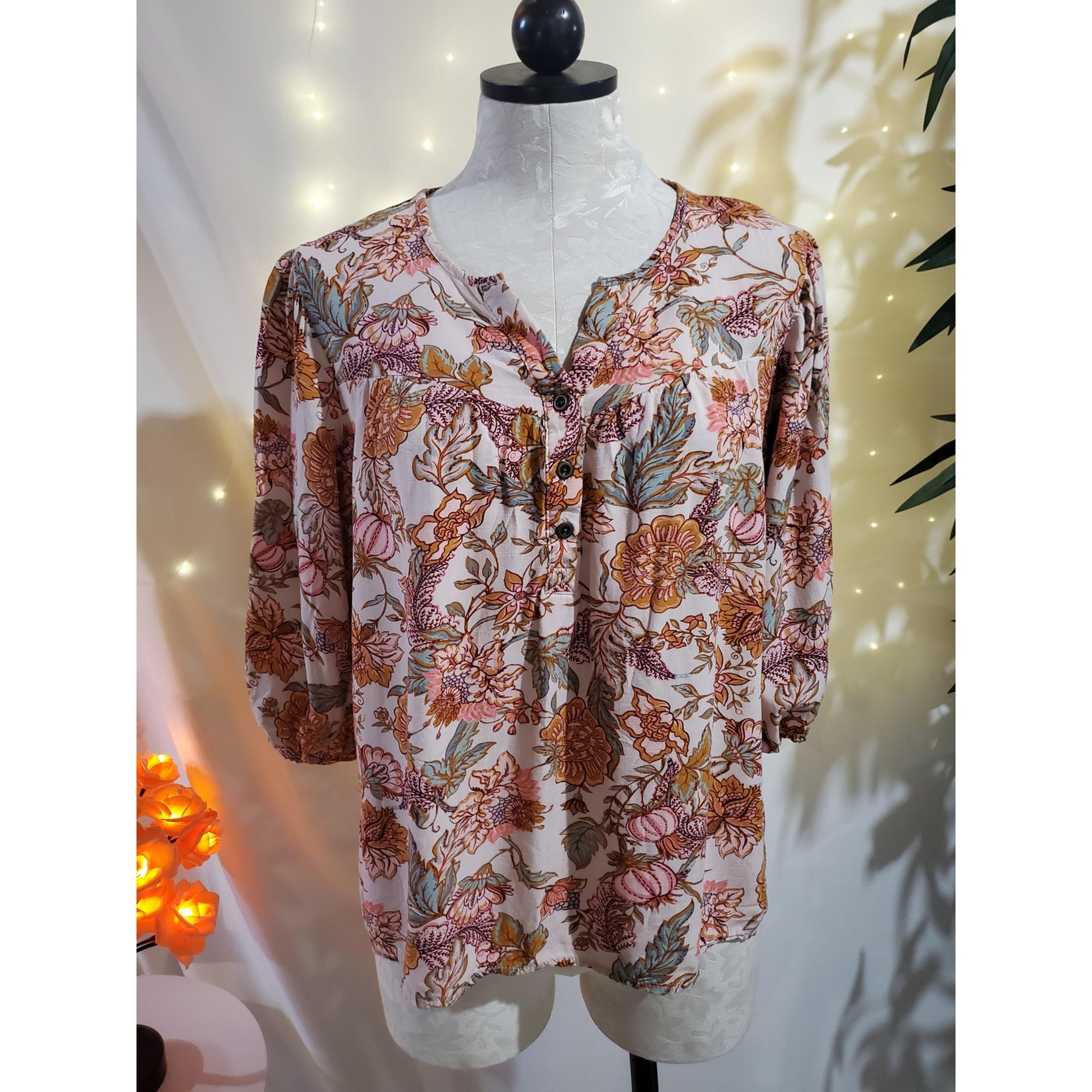 Knox Rose Boho Floral Balloon 1/2 Sleeve Hippie Blouse Womens Size M Top Retro