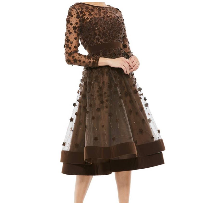 Mac Duggal Elegant Velvet Floral Cocktail Dress Illusion Neck Sz 16