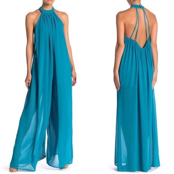 ONE ONE SIX Halter Palazzo Wide Leg Jumpsuit in Blue Slate Size L NWT Nordstrom