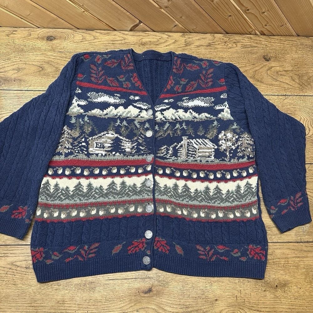 Vtg Fisherman Knit Cabin Mountains Print Cottage Core Sweater Cardigan Sweater L
