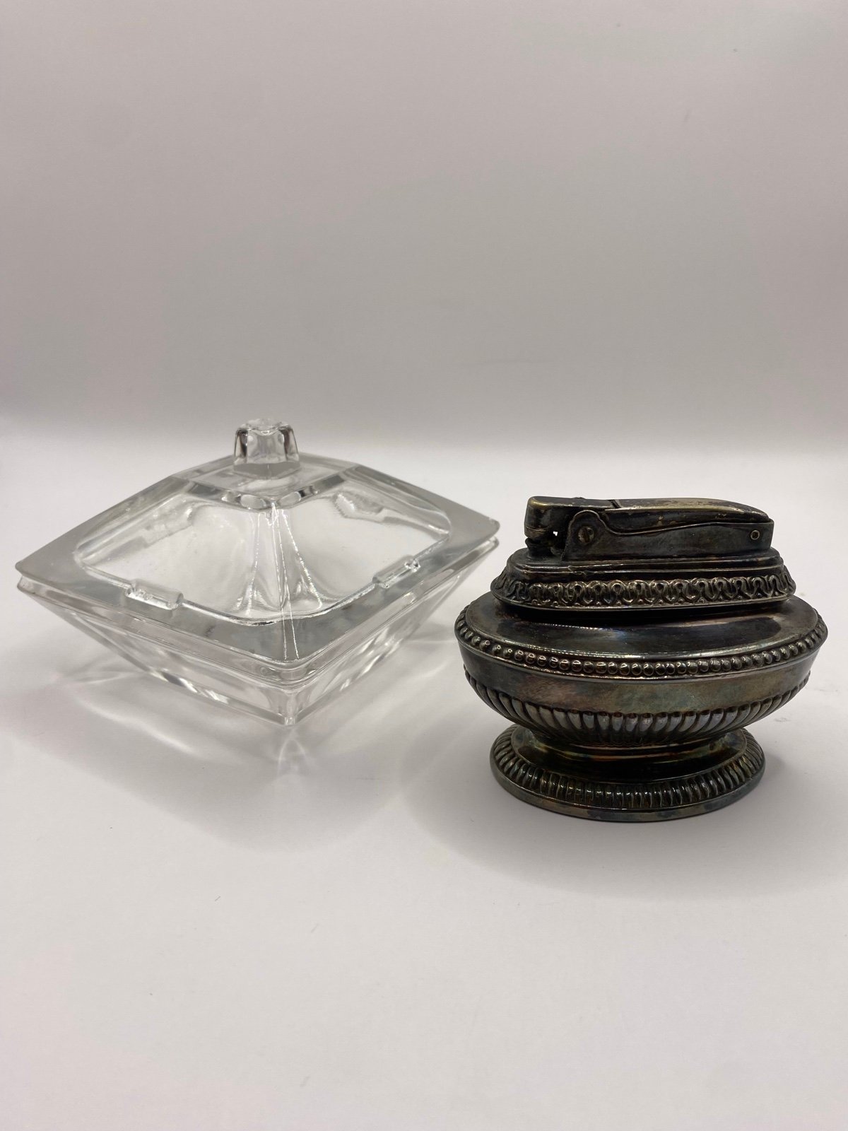 Vintage Glass Ashtray & Table Lighter