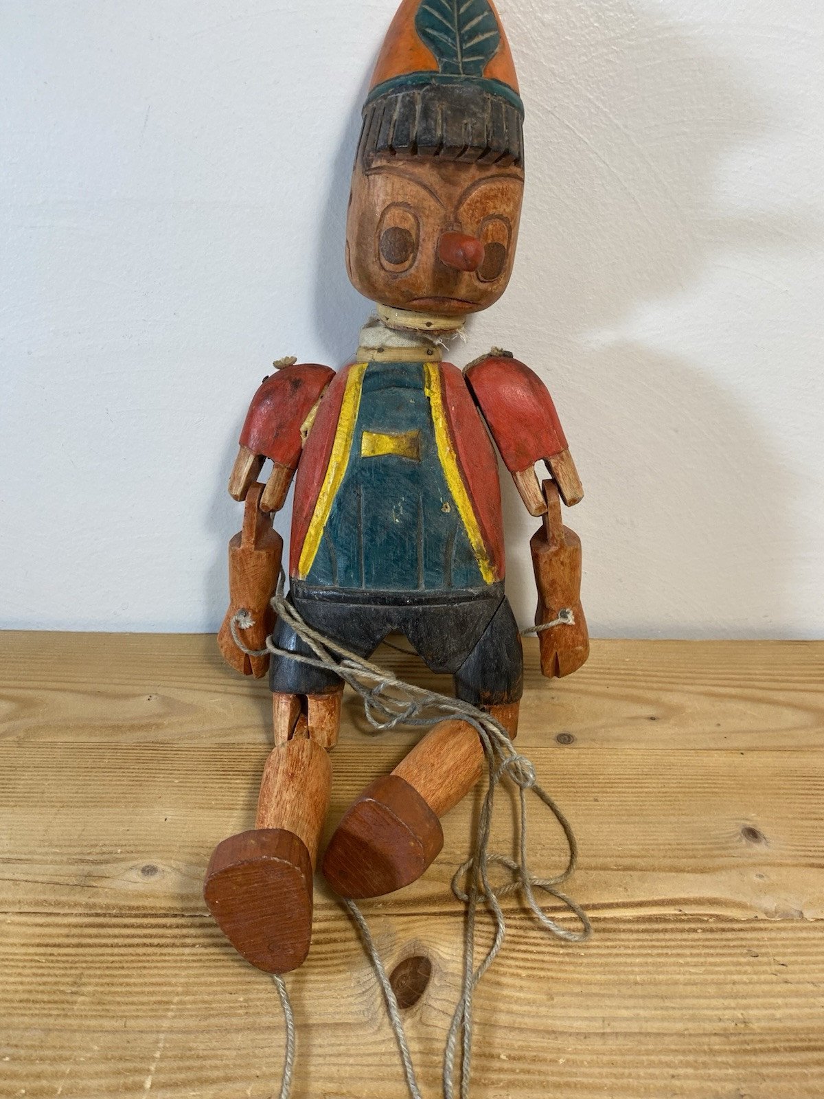 Vintage String Puppet Doll wood carved and painted Pinocchio - 13.5 NEEDS WORK
