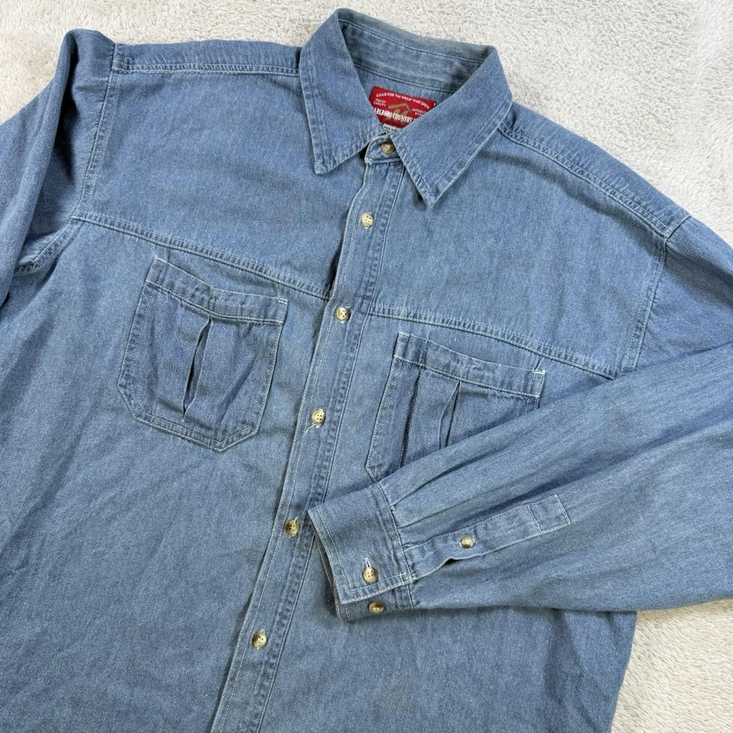 Vintage Marlboro Shirt Mens Large Blue Denim Button Up Long Sleeve Pocket Casual