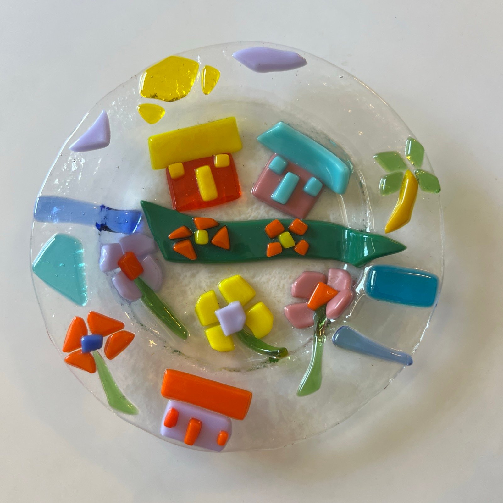 MCM Fused Glass Textured 3D Art Outdoor Floral Landscape Dish vintage