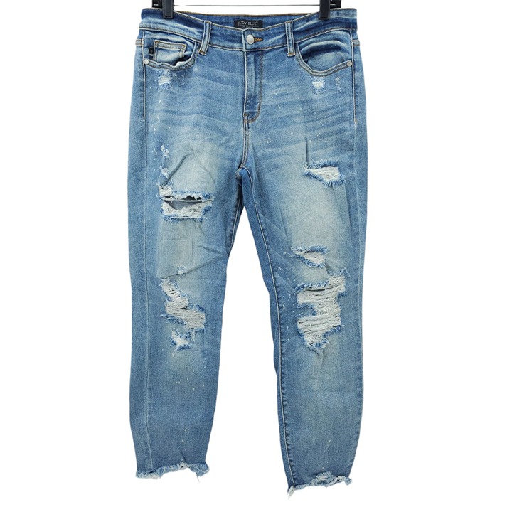 Judy Blue Jeans Boyfriend Fit Size 11/30 Stretch Splatter Distressed Fringe Hem