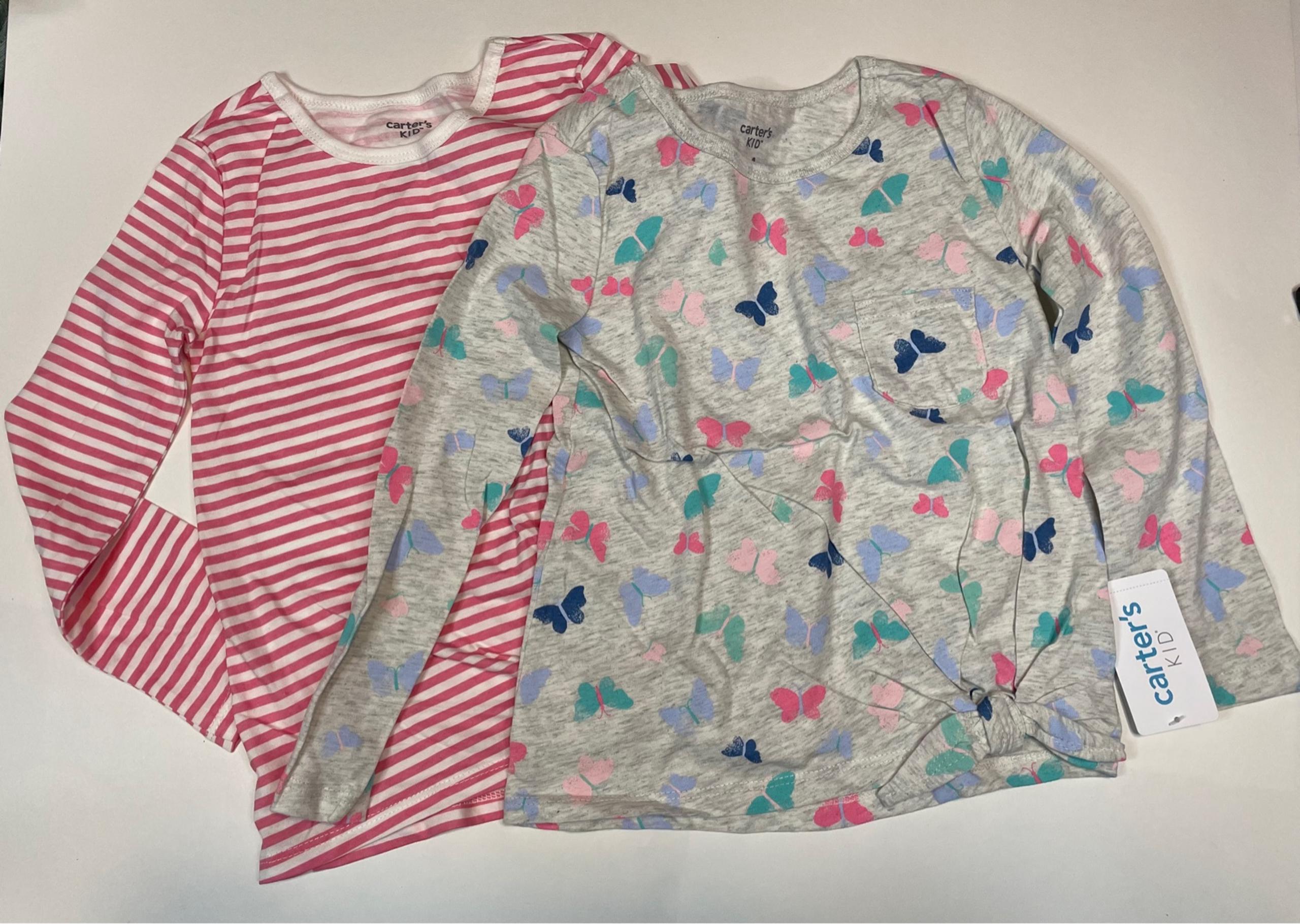 New Girl’s Carter’s Striped and Butterfly Shirts with Knot Front Size 4
