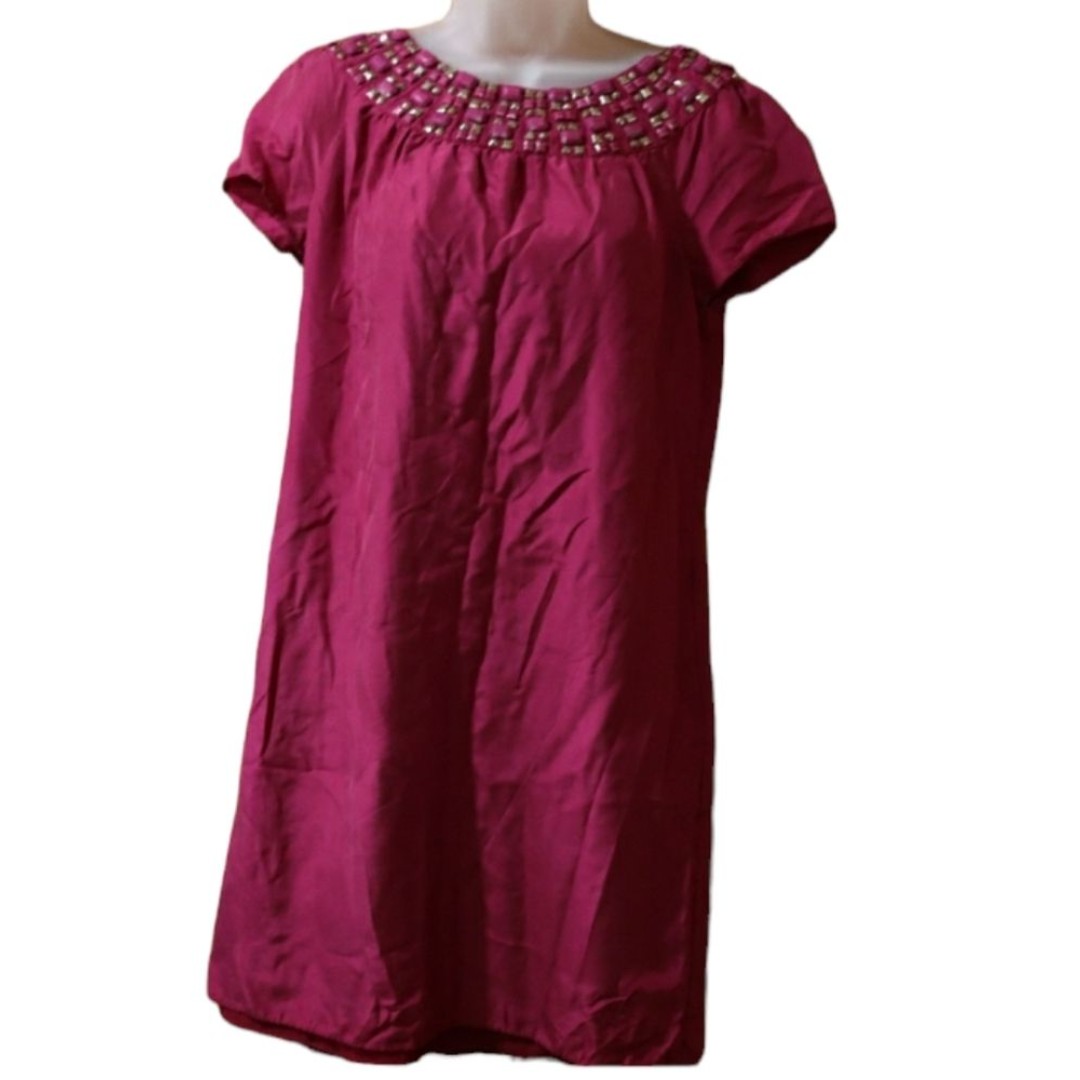 Elie Tahari Hot Pink Silk Rhinestone Beaded Shift Dress Barbiecore 8
