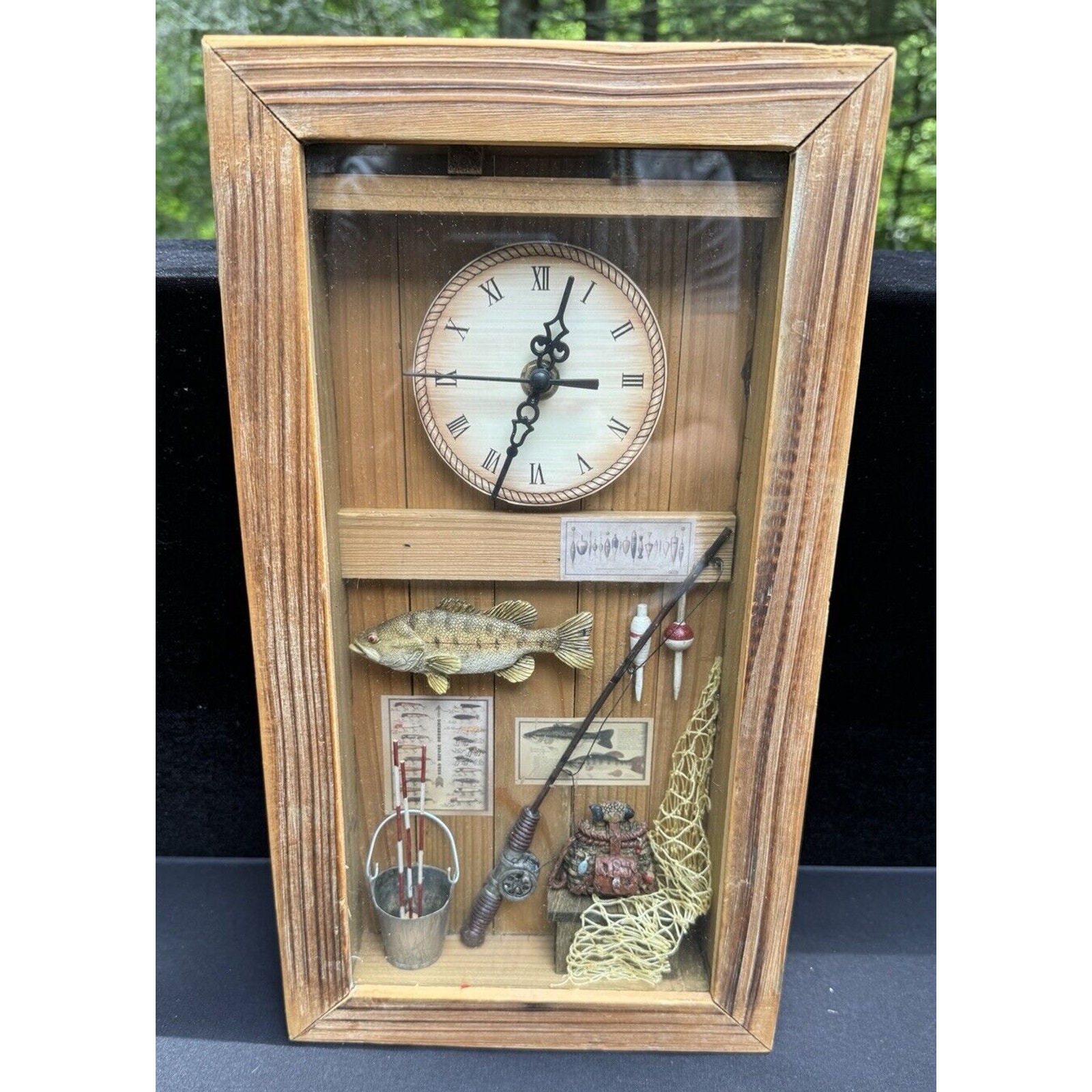 Vintage Fishing Shadowbox and Wall Clock Man Cave Decor Log Cabin Works