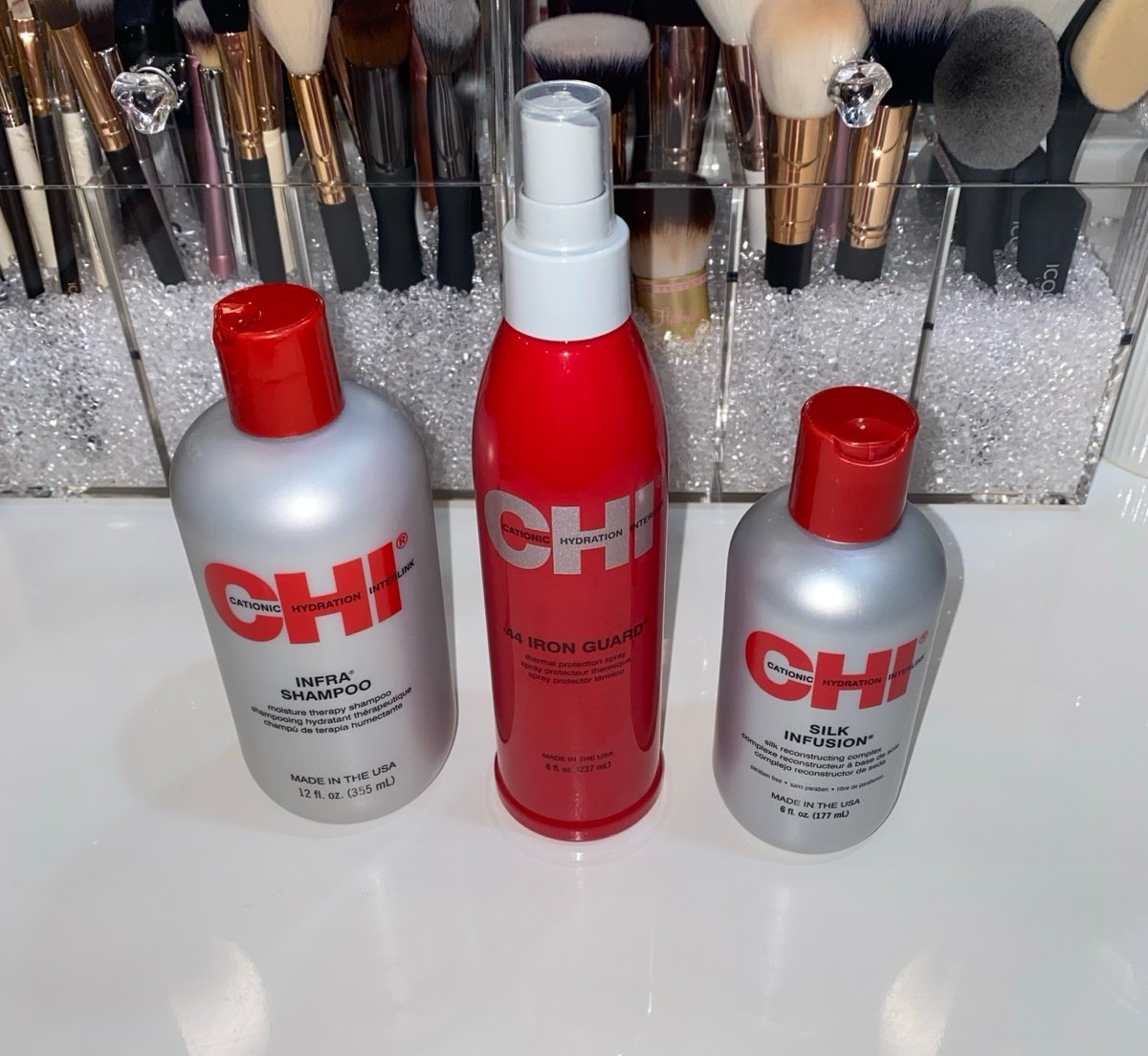 Chi iron guard hair protectant silk infusion hair serum and shampoo