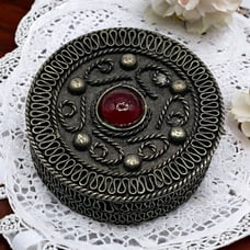 Atq Silver Red Stone Lined Velvet Dresser Vanity Round Snuff Pill Trinket Box