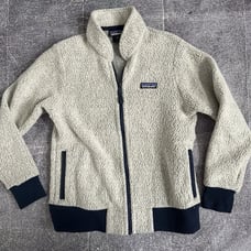 Womens Patagonia Woolyester Oatmeal Heather Navy Blue Zip Up Fleece Jacket Sz XS