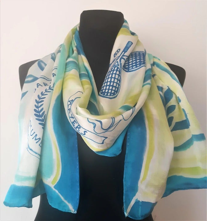 A designer silk scarf, painted art scarf.