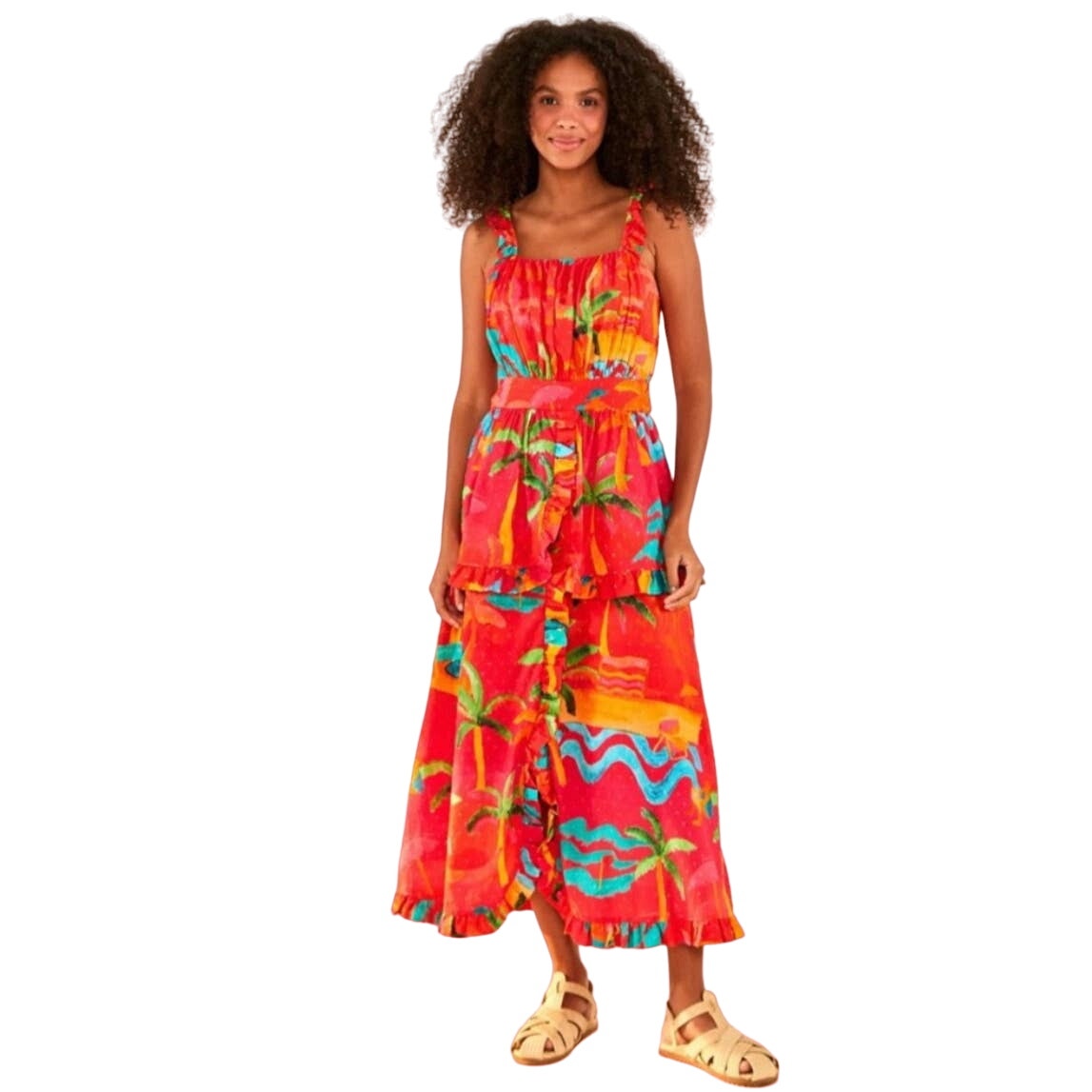 Farm Rio Ipanema Red Midi Ruffle Dress S