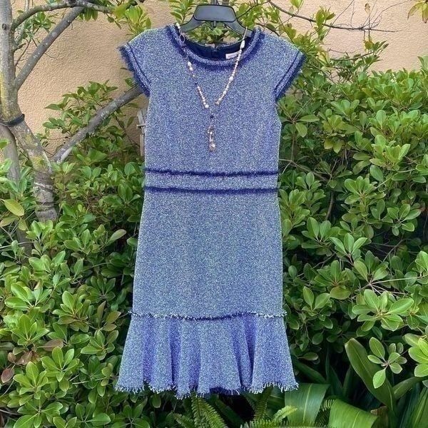 Rebecca Taylor Navy Blue and White Tweed Dress with Frayed Details Sz 8 EUC!