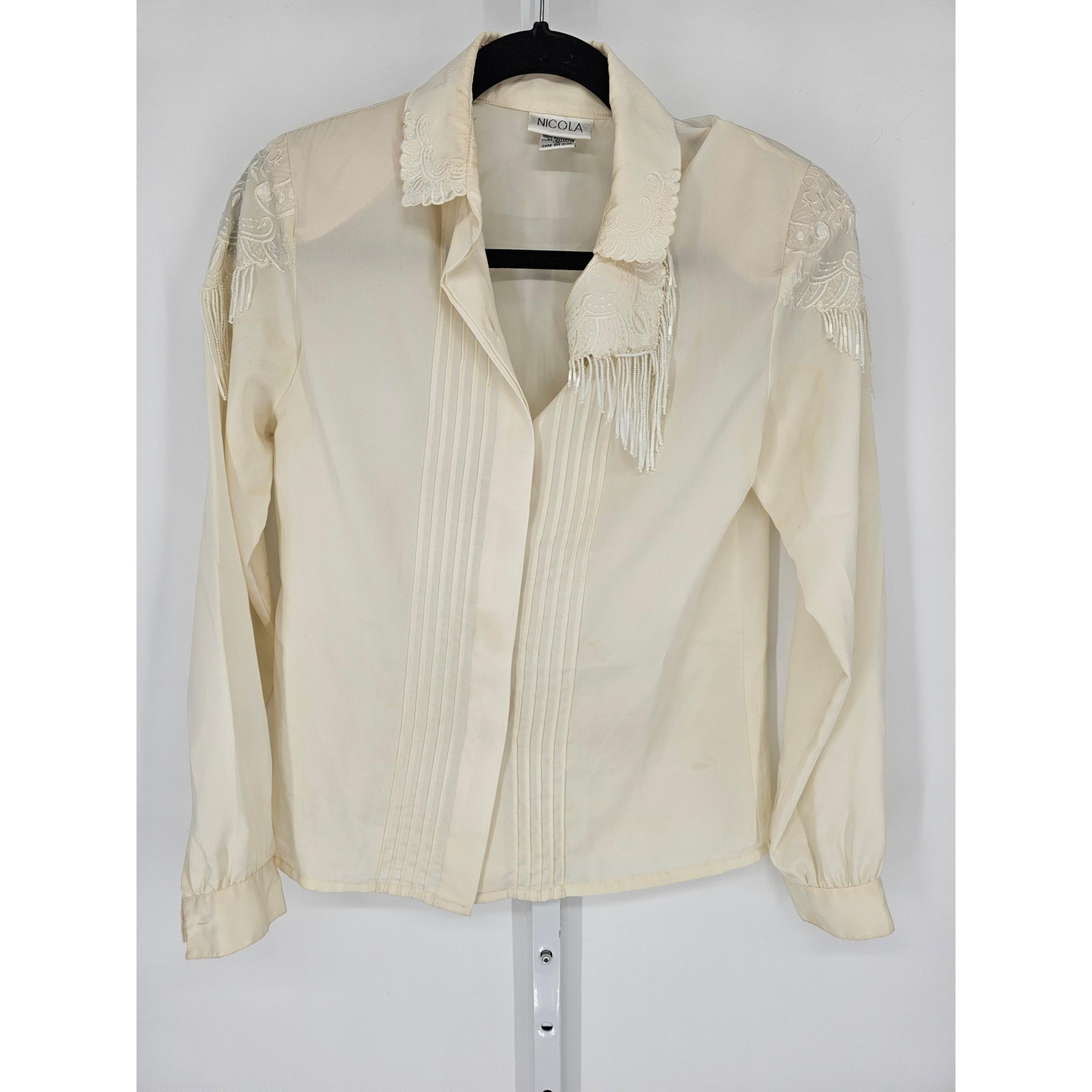 Nicola Women's Long Sleeve Collared Cream Embroidered Button Down Shirt Size 4