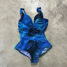 Miraclesuit Swimsuit Sz 12 Tropical Blue Gold Foil Palms Print Design One Piece