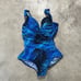 Miraclesuit Swimsuit Sz 12 Tropical Blue Gold Foil Palms Print Design One Piece