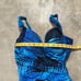 Miraclesuit Swimsuit Sz 12 Tropical Blue Gold Foil Palms Print Design One Piece