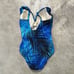 Miraclesuit Swimsuit Sz 12 Tropical Blue Gold Foil Palms Print Design One Piece