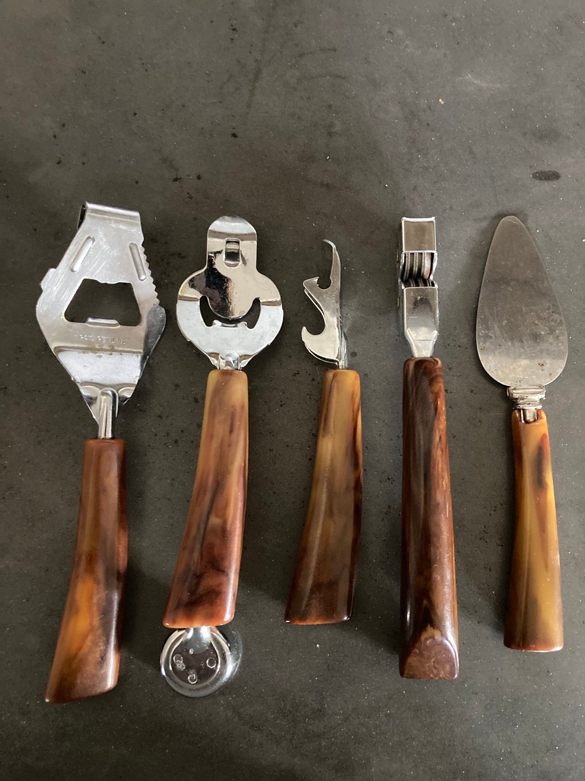 Vtg 5 Stainless Flatware Butterscotch Marble Bakelite Handle Barware/Kitchenware