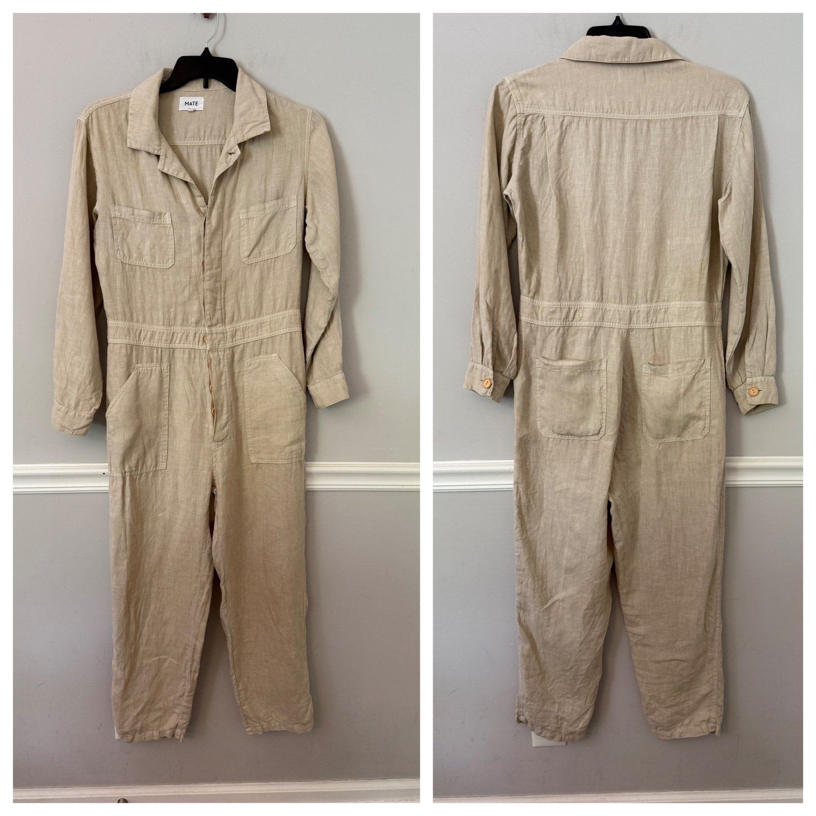 Mate the Label natural tan color linen long sleeve jumpsuit. M