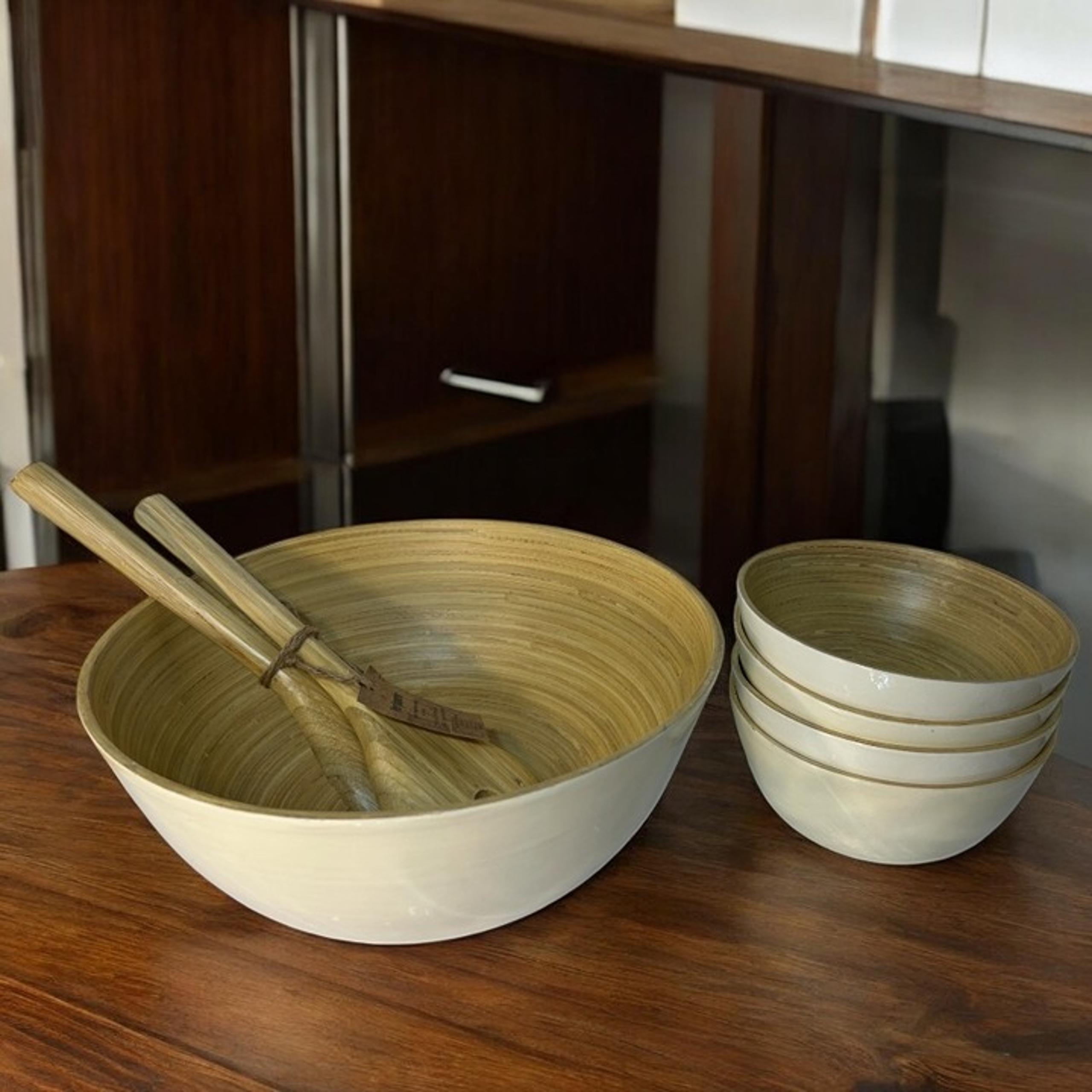 Pier 1 Imports Spun Bamboo Large Serving Bowl 4 Salad Bowls & Salad Servers New