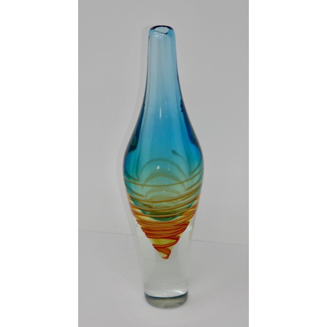 Heavy Art Glass Swirl Art Deco Blue Center 14 Vase