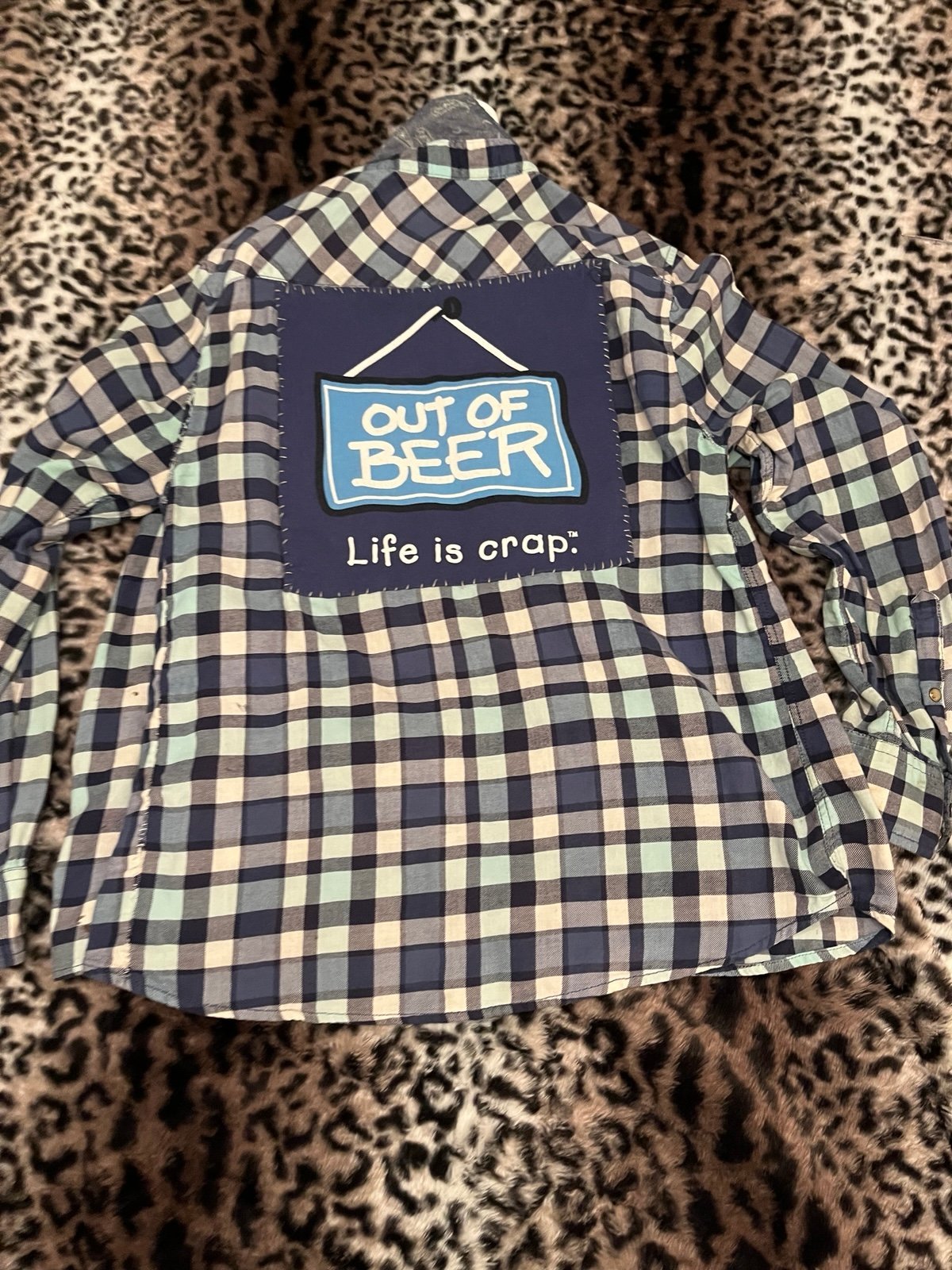 Custom design flannel “OUT OF BEER life is crap” Medium men’s button down