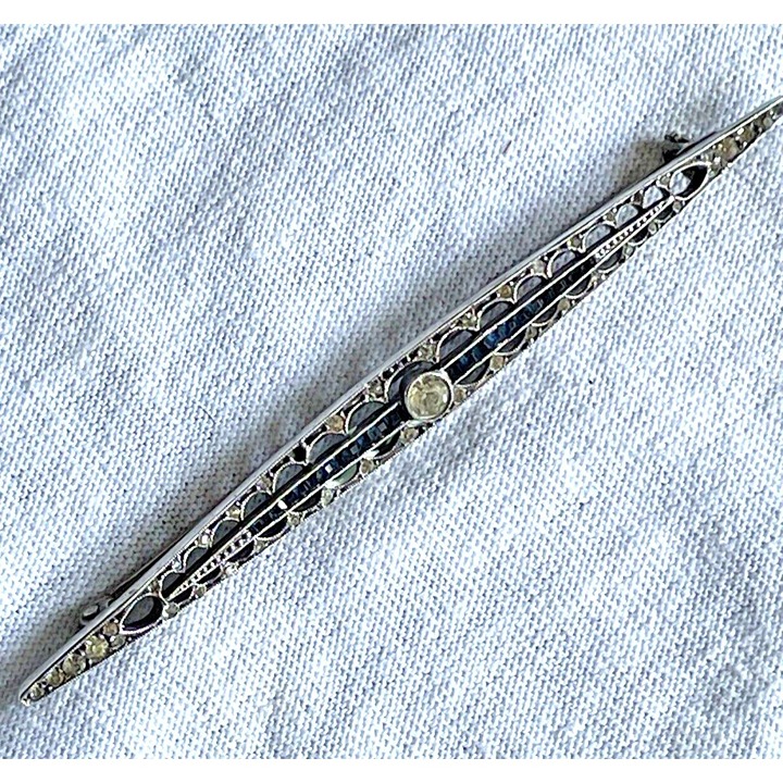 Antique Sterling Silver & Crystal Bar Brooch Germany Blue & Clear Rhinestones