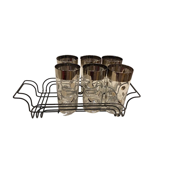 MCM Dorothy Thorpe Silver Polka Dots Highball Glasses Set of 6 With Caddy