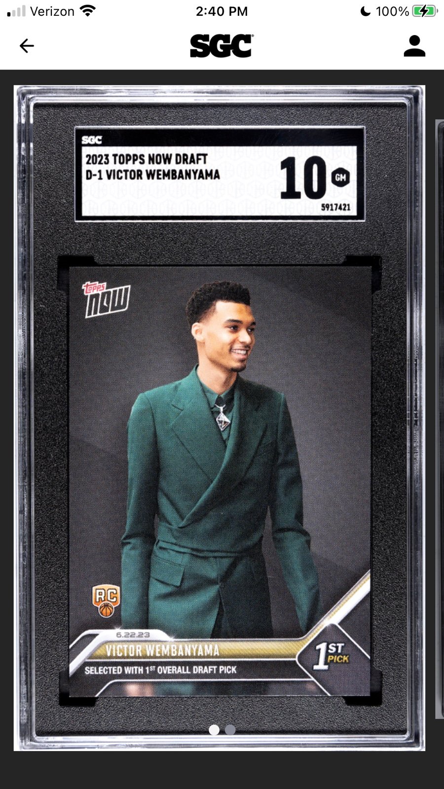 Victor Wembanyama 2023 Topps Now Draft #D1 RC SGC 10! See Description!
