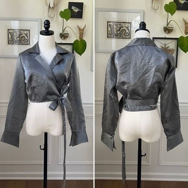 Vintage 80s 90s Le Chateau Metallic Silver Gunmetal Cropped Wrap Shirt M
