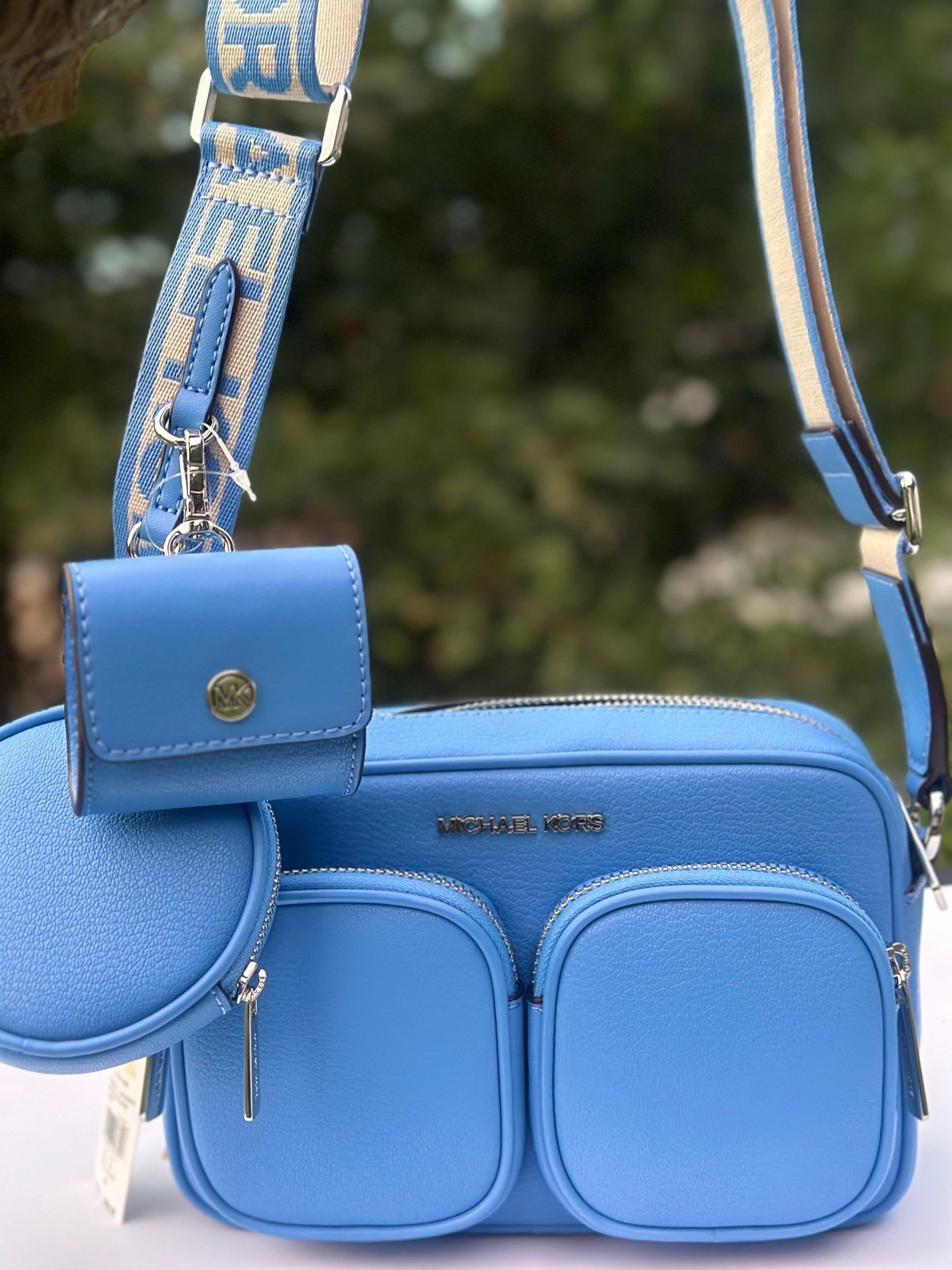 Michael Kors crossbody double pocket mk logo strap South Pacific