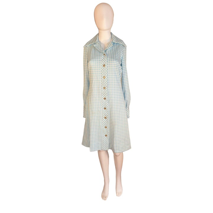 Vintage Wide Lapel Houndstooth Dress by David Crystal 1970s Flared Cuff