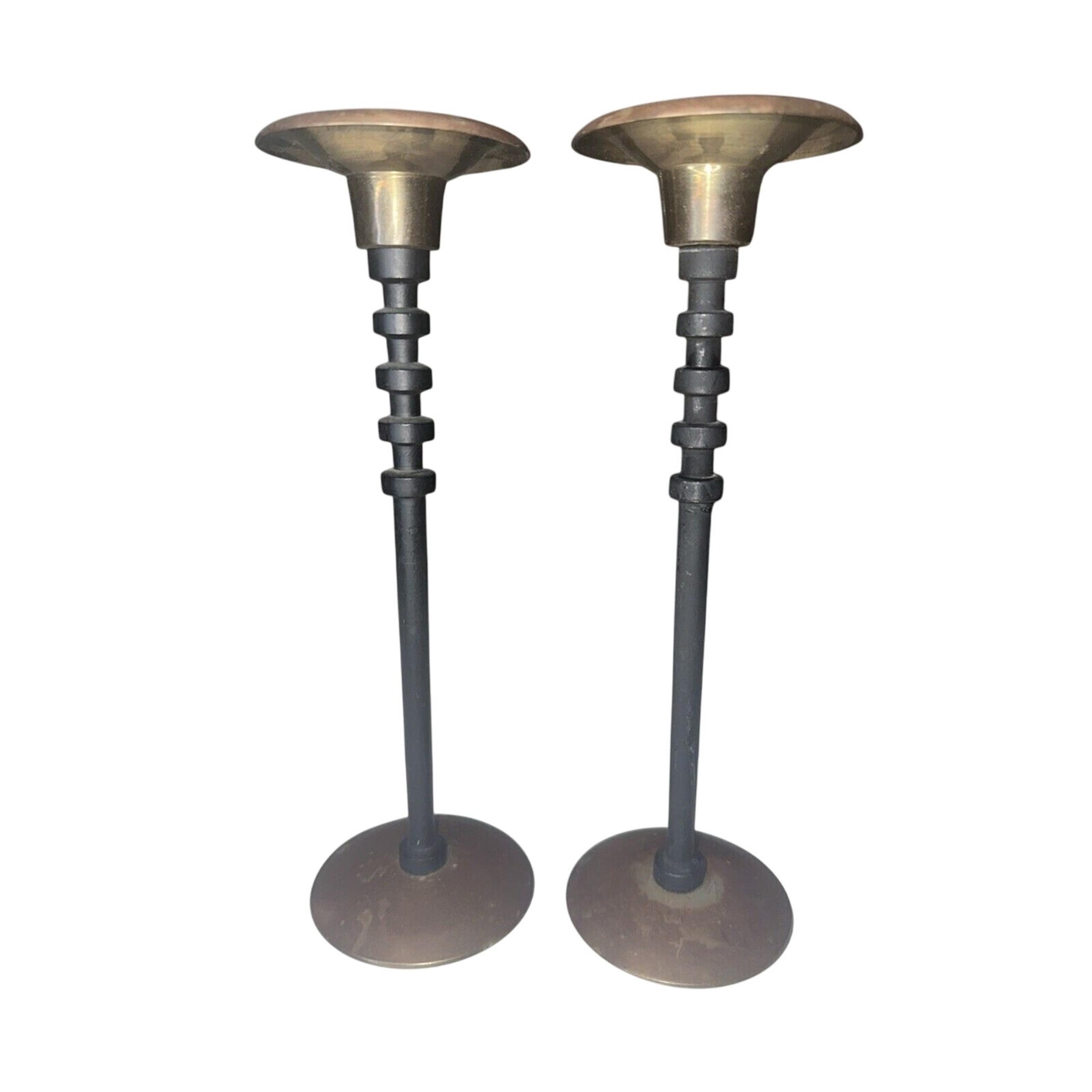 Pair of Vintage Mcm Gatco Brass And Black Candlestick 9 3/4 Inches Rare Design ￼