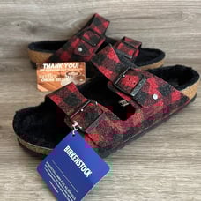 Birkenstock Arizona Rivet Plaid Red Black Shearling Regular Size 44 NWB